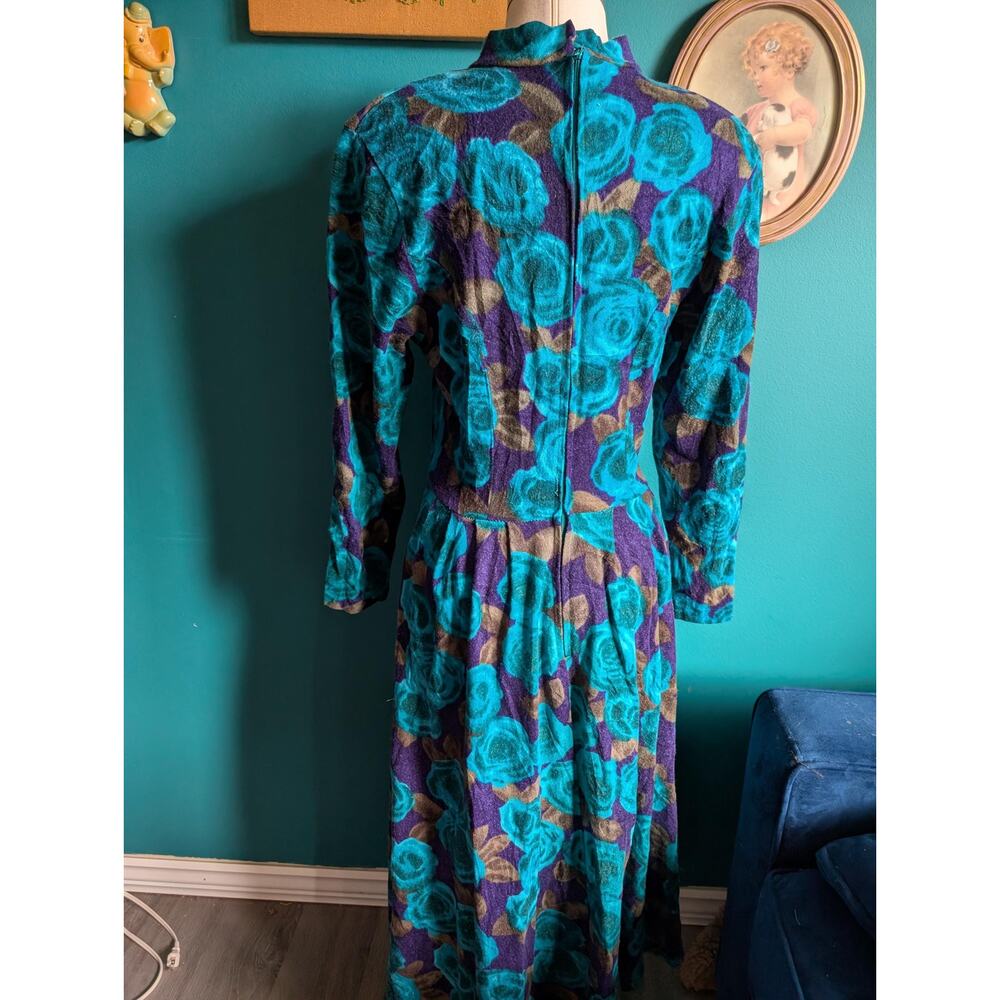 Vintage 80s Blue Floral Dress | Long Sleeve Midi | Bold Retro Statement - Picture 4 of 6